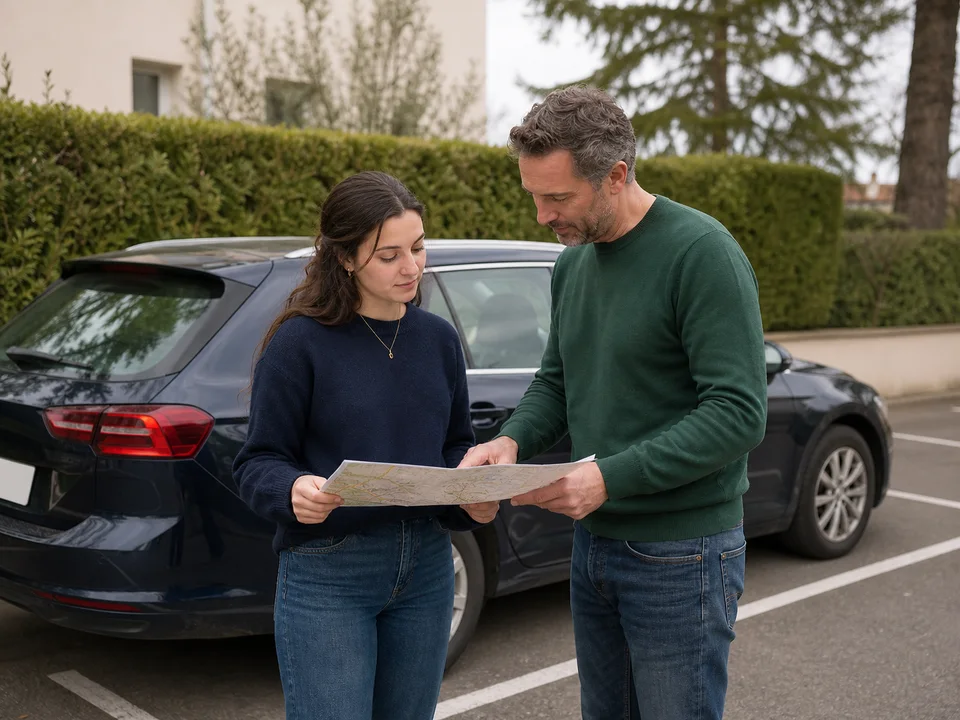 Une candidate prépare un itinéraire avec un proche près d’une voiture