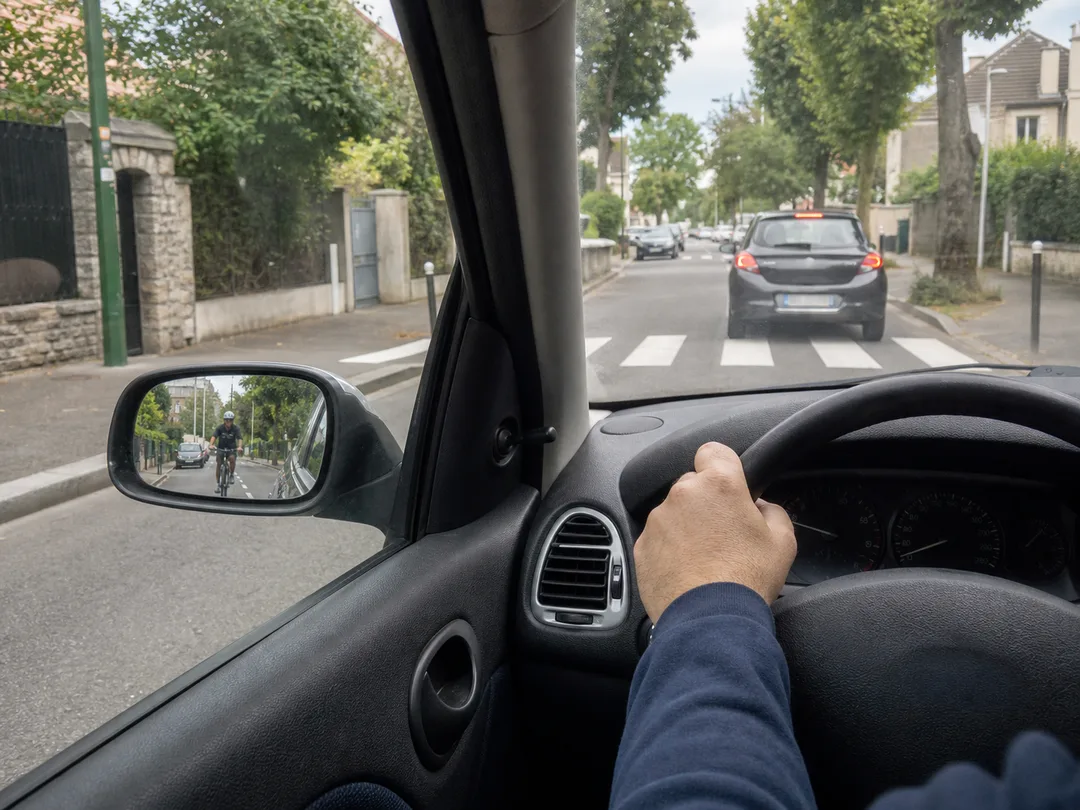 Une conductrice observe un cycliste dans son rétroviseur avant un passage piéton