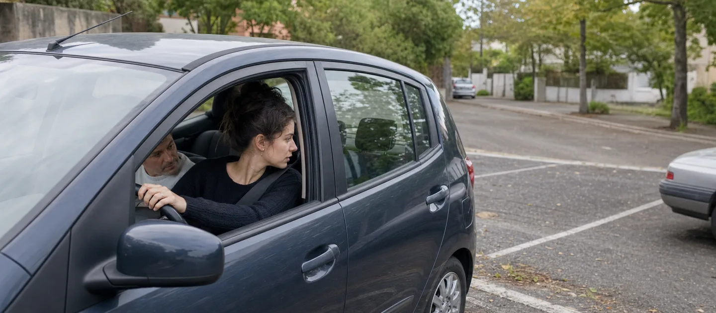 Une conductrice vérifie son environnement pendant une manœuvre de stationnement