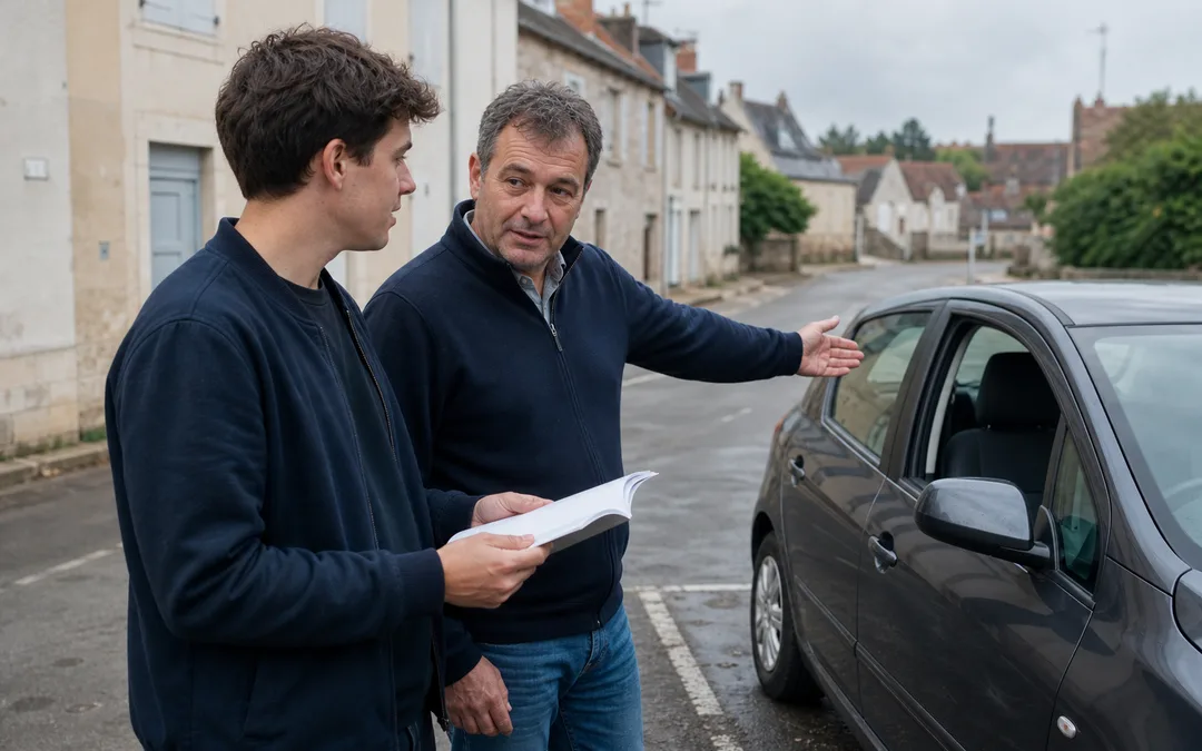 Jeune conducteur et accompagnateur pres d une voiture