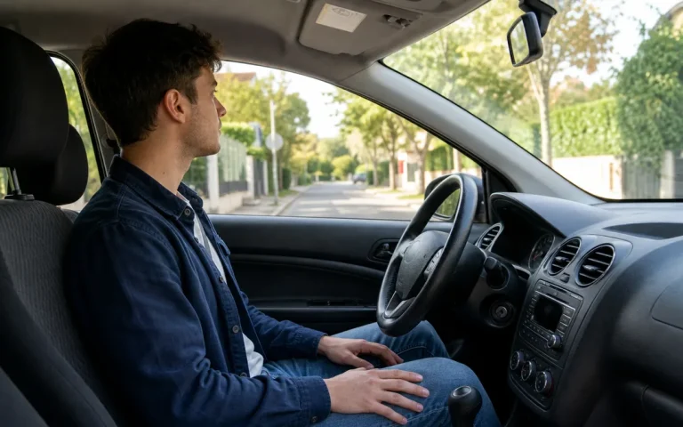 Candidat au permis assis calmement dans une voiture avant l examen