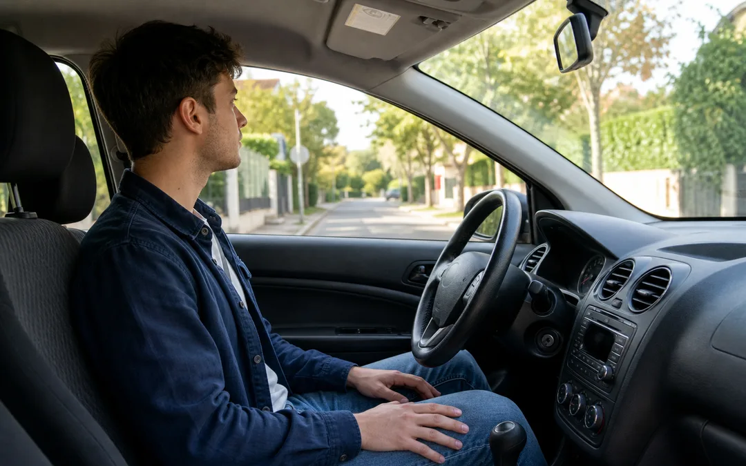 Candidat au permis assis calmement dans une voiture avant l examen
